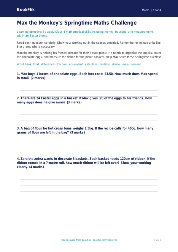Free Easter Maths Assessment | Class 4 | Maths | BookFlik worksheet preview — Maths Easter Maths