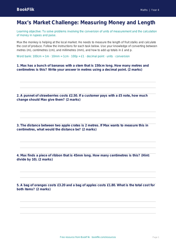 Maths measurement activity sheet class 4 core worksheet preview — Maths Measurement