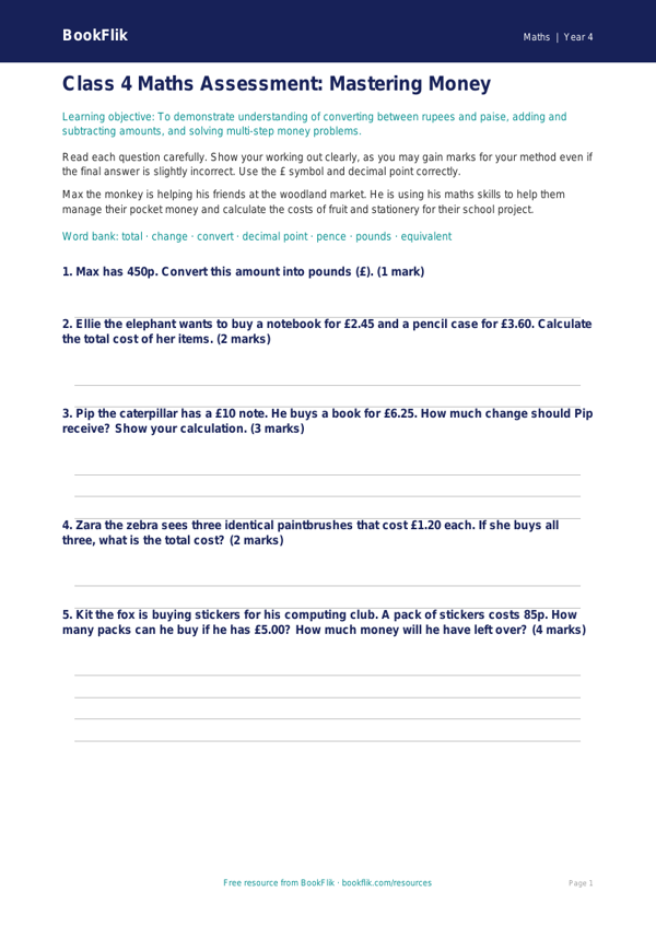 Free Money Assessment for Class 4 Maths | BookFlik worksheet preview — Maths Money
