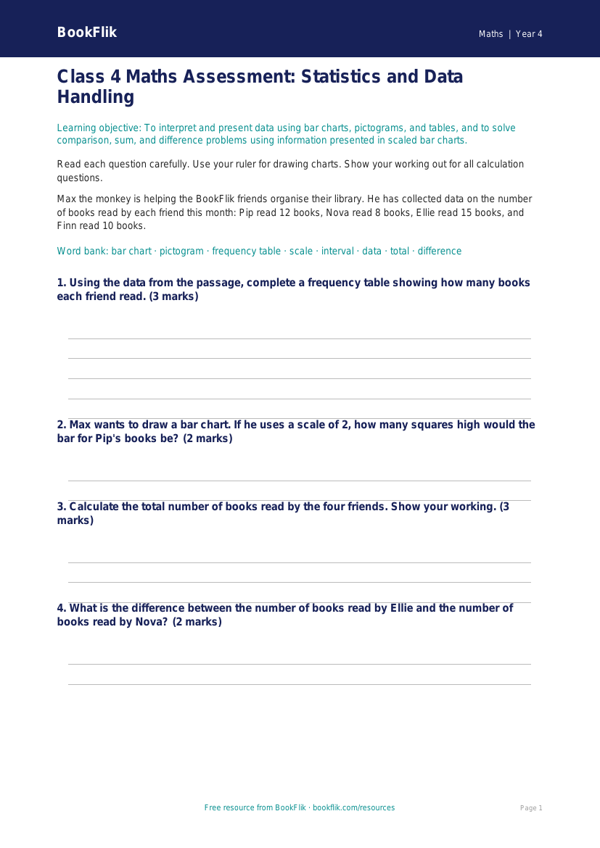 Free Statistics Assessment for Class 4 Maths Students | BookFlik worksheet preview — Maths Statistics