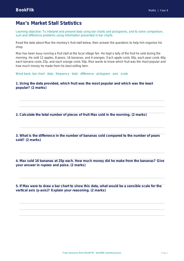 Free Statistics Track Sheet for Class 4 Students | BookFlik worksheet preview — Maths Statistics