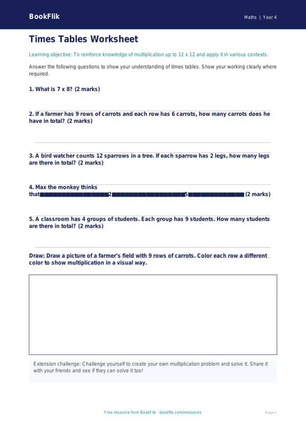 Free Times Tables Worksheet for Class 4 Maths | BookFlik worksheet preview — Maths Times Tables