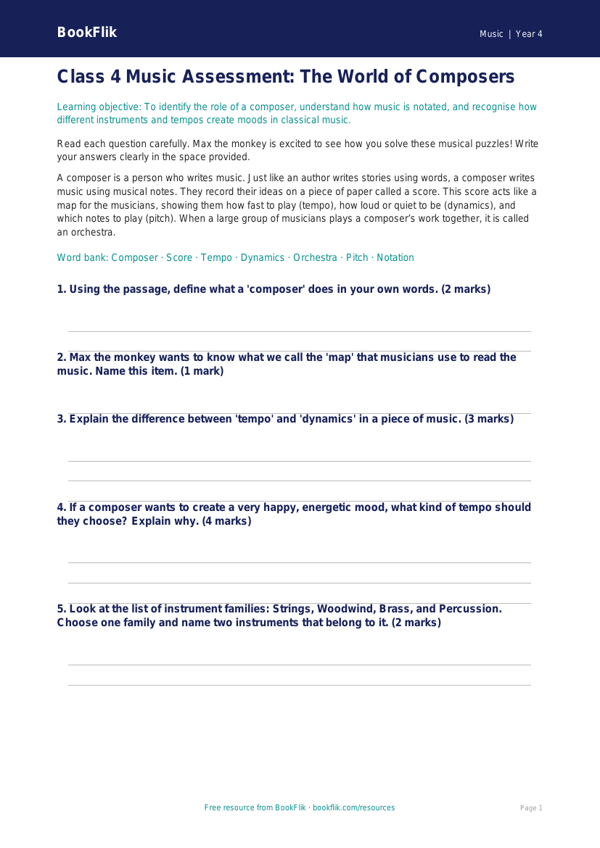 Music composers assessment class 4 core worksheet preview — Music Composers