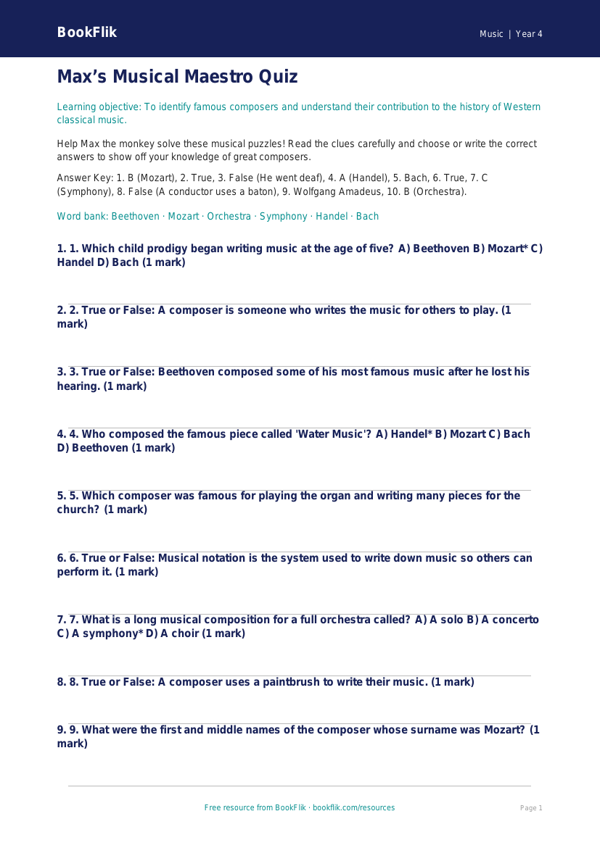 Free Composers Quiz | Class 4 | Music | BookFlik worksheet preview — Music Composers