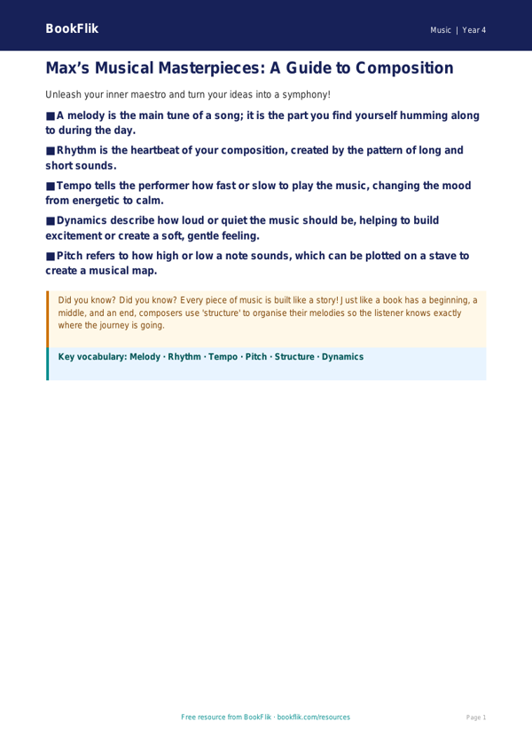 Free Composition Poster for Class 4 Students | BookFlik worksheet preview — Music Composition