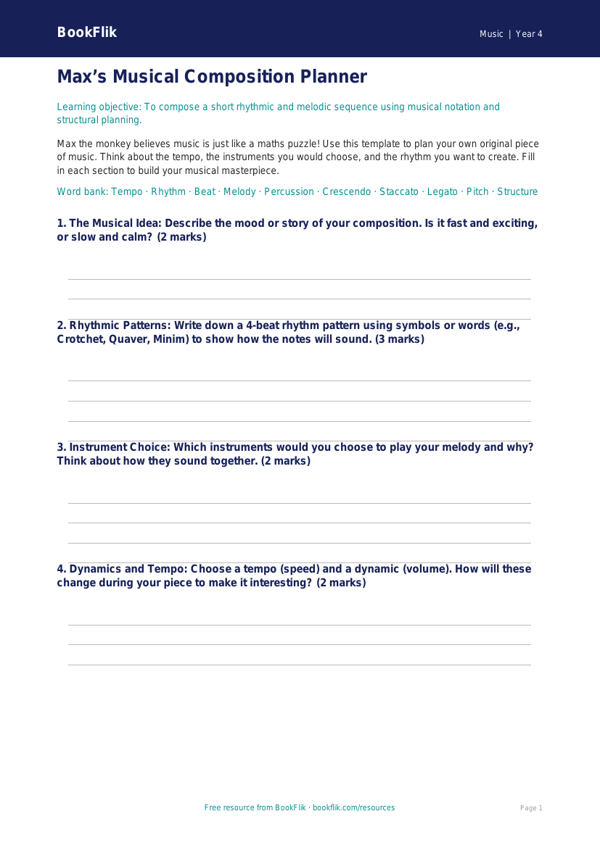 Free Music Composition Template for Class 4 | BookFlik worksheet preview — Music Composition
