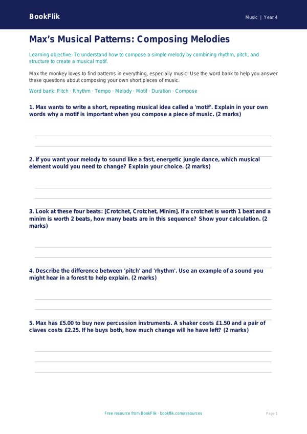 Music composition worksheet class 4 core worksheet preview — Music Composition