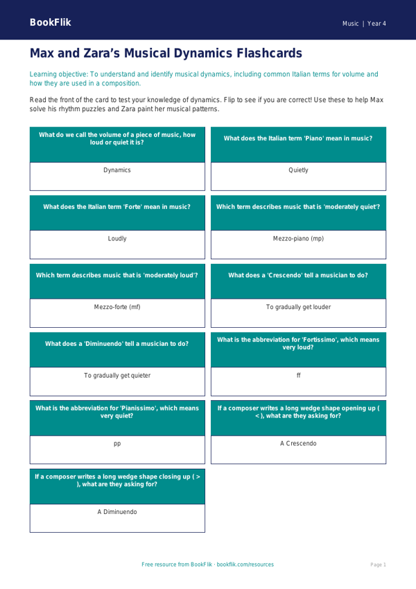 Free Dynamics Flashcards for Class 4 Music Students | BookFlik worksheet preview — Music Dynamics
