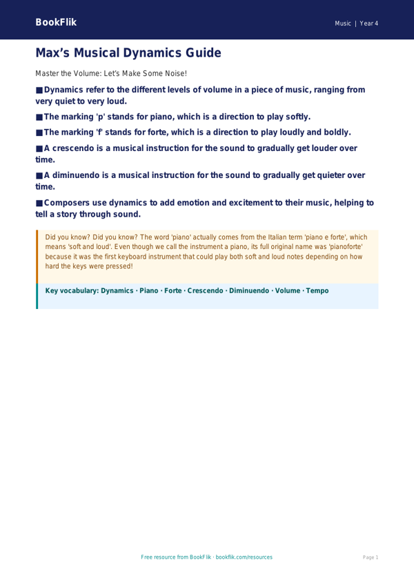 Free Dynamics Music Poster for Class 4 Students | BookFlik worksheet preview — Music Dynamics