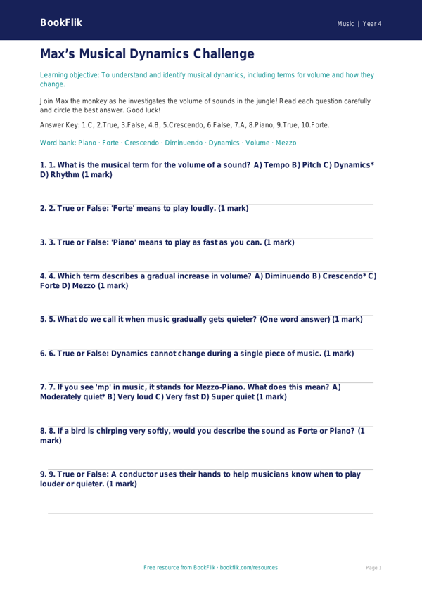 Free Dynamics Quiz for Class 4 | Music | BookFlik worksheet preview — Music Dynamics