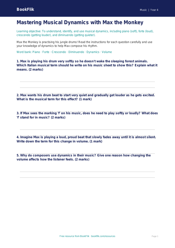 Free Dynamics Worksheet for Class 4 Music Lessons | BookFlik worksheet preview — Music Dynamics