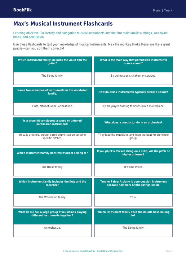Free Instruments Flashcards | Class 4 | Music | BookFlik worksheet preview — Music Instruments