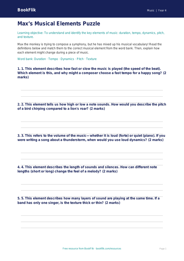 Free Musical Elements Activity Sheet for Class 4 Students | BookFlik worksheet preview — Music Musical Elements