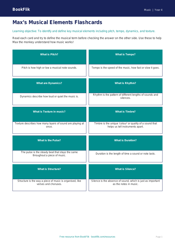 Free Musical Elements Flashcards for Class 4 Students | BookFlik worksheet preview — Music Musical Elements