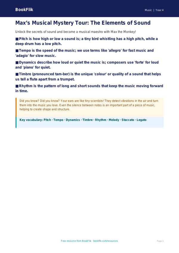 Free Musical Elements Poster | Class 4 | Music | BookFlik worksheet preview — Music Musical Elements