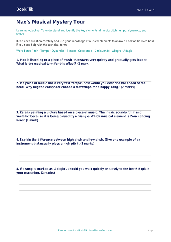 Free Musical Elements Worksheet for Class 4 Students | BookFlik worksheet preview — Music Musical Elements