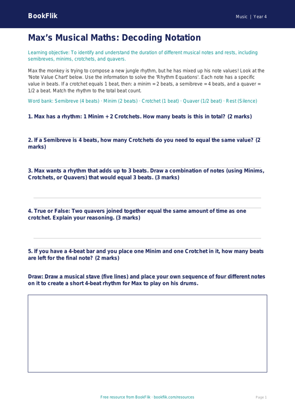 Free Notation Activity Sheet | Class 4 | Music | BookFlik worksheet preview — Music Notation