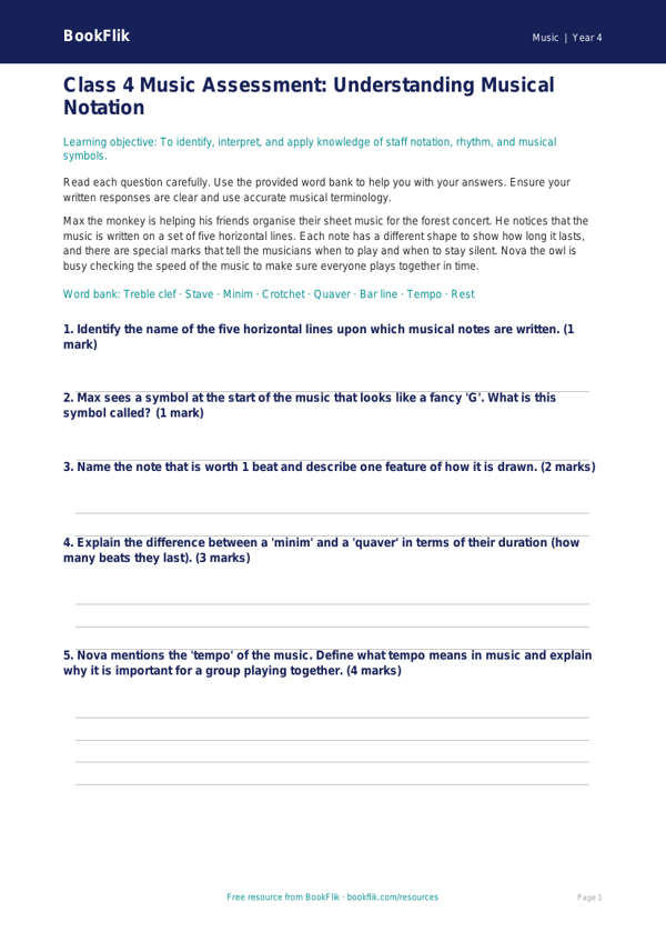 Free Notation Assessment | Class 4 | Music | BookFlik worksheet preview — Music Notation