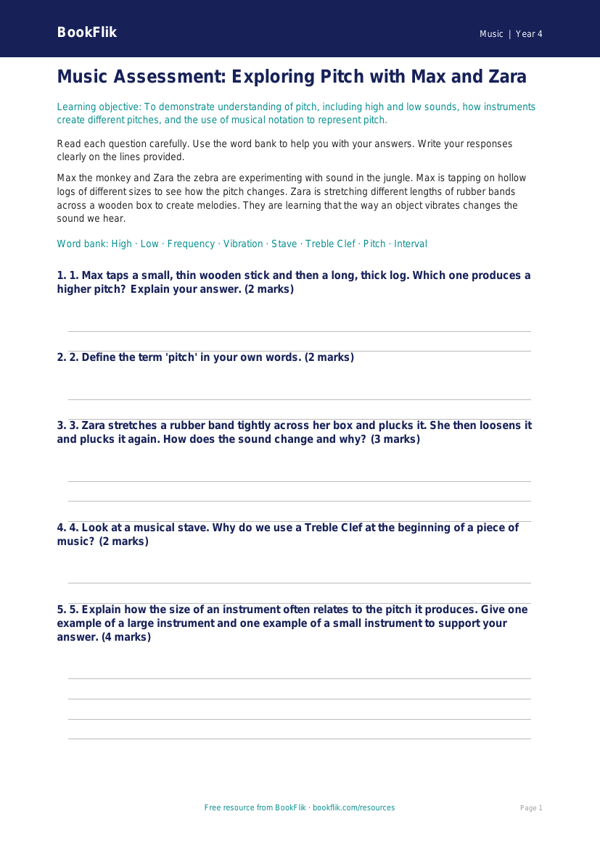 Free Pitch Assessment | Class 4 | Music | BookFlik worksheet preview — Music Pitch