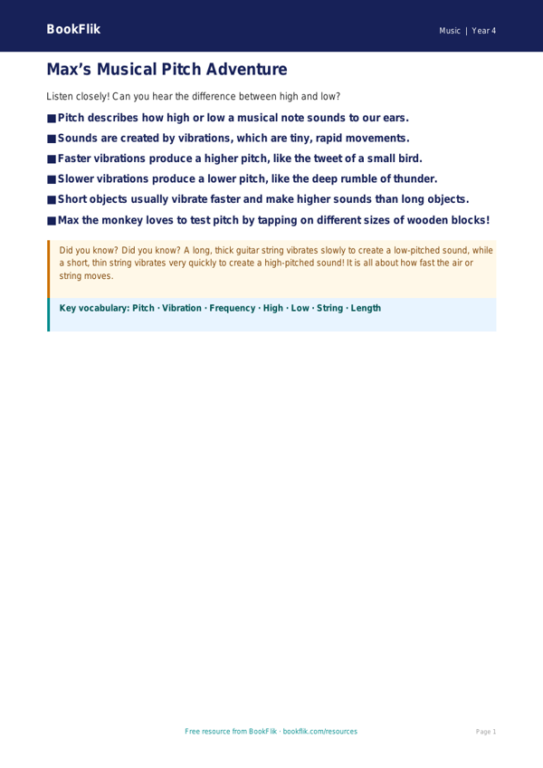 Free Pitch Poster | Class 4 | Music | BookFlik worksheet preview — Music Pitch