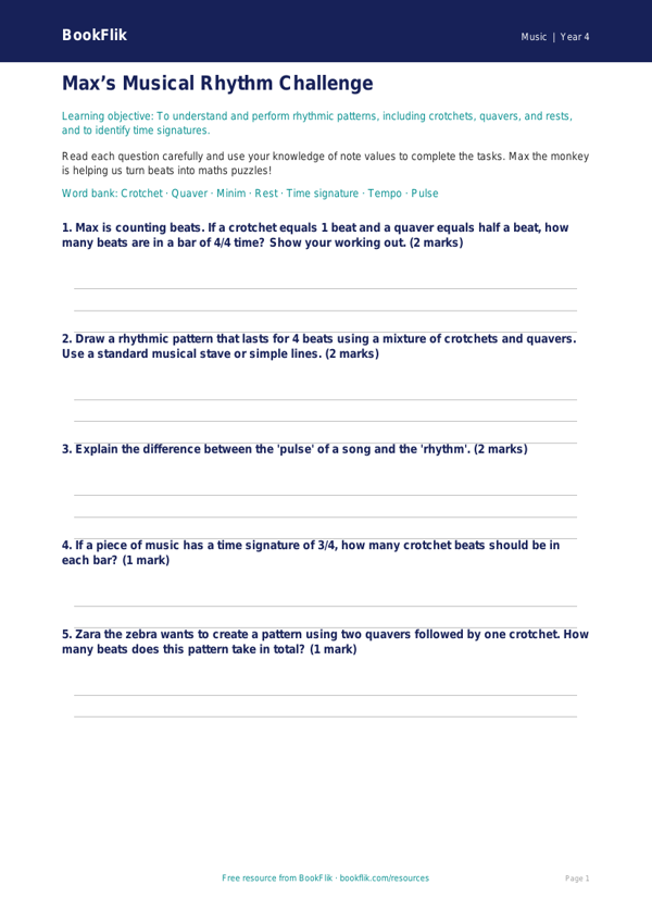 Free Rhythm Worksheet | Class 4 | Music | BookFlik worksheet preview — Music Rhythm