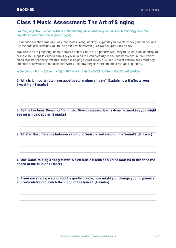 Free Singing Assessment for Class 4 Students | BookFlik Music worksheet preview — Music Singing