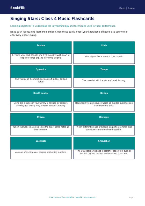 Singing Flashcards for Class 4 | Music CBSE | BookFlik worksheet preview — Music Singing