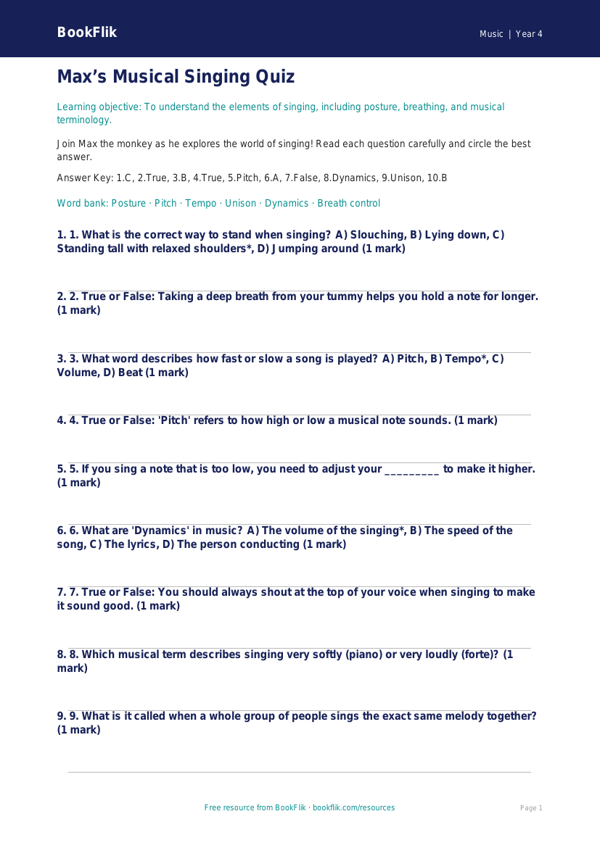 Free Singing Quiz for CBSE Class 4 Students | BookFlik worksheet preview — Music Singing