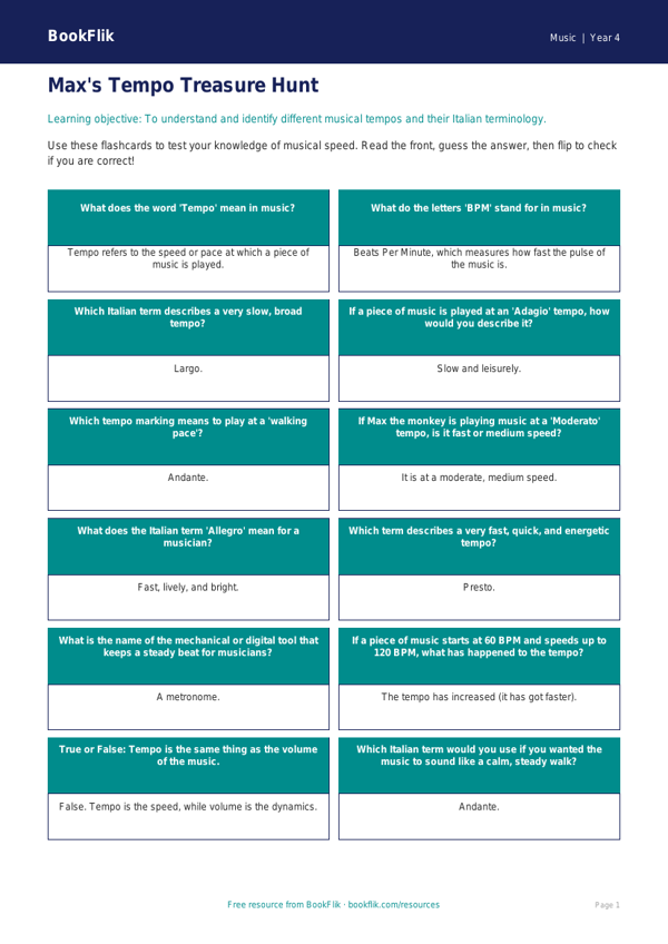 Free Tempo Flashcards for Class 4 Students | BookFlik worksheet preview — Music Tempo