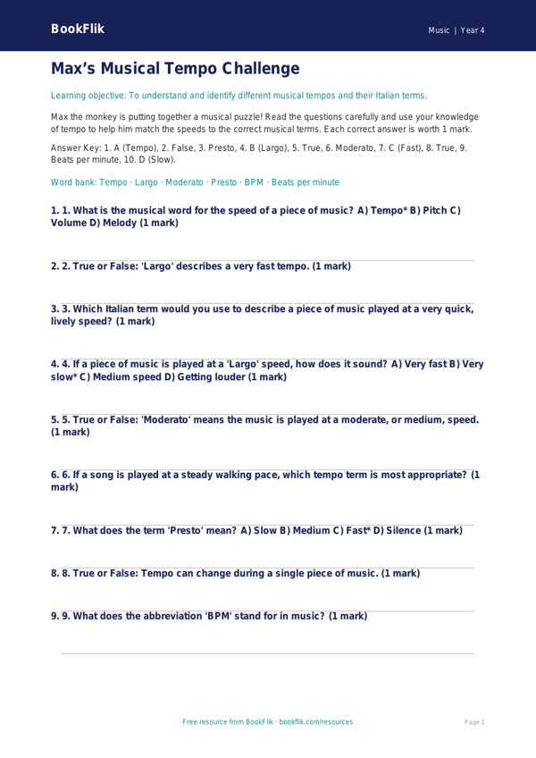 Free Tempo Quiz | Class 4 Music | BookFlik CBSE NCERT worksheet preview — Music Tempo