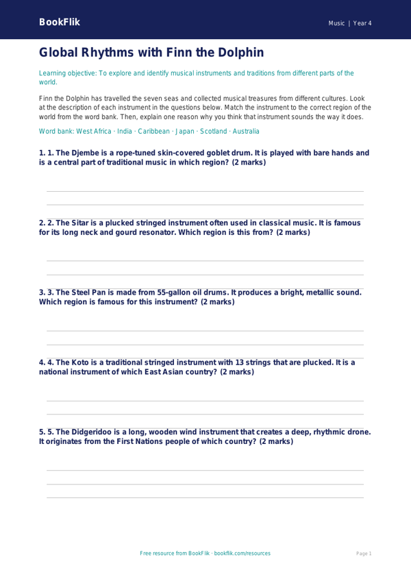 Free World Music Activity Sheet for Class 4 Students | BookFlik worksheet preview — Music World Music
