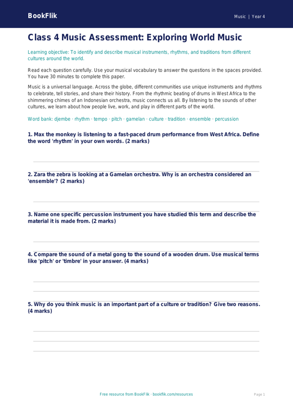 Free World Music Assessment for Class 4 | Music Learning | BookFlik worksheet preview — Music World Music