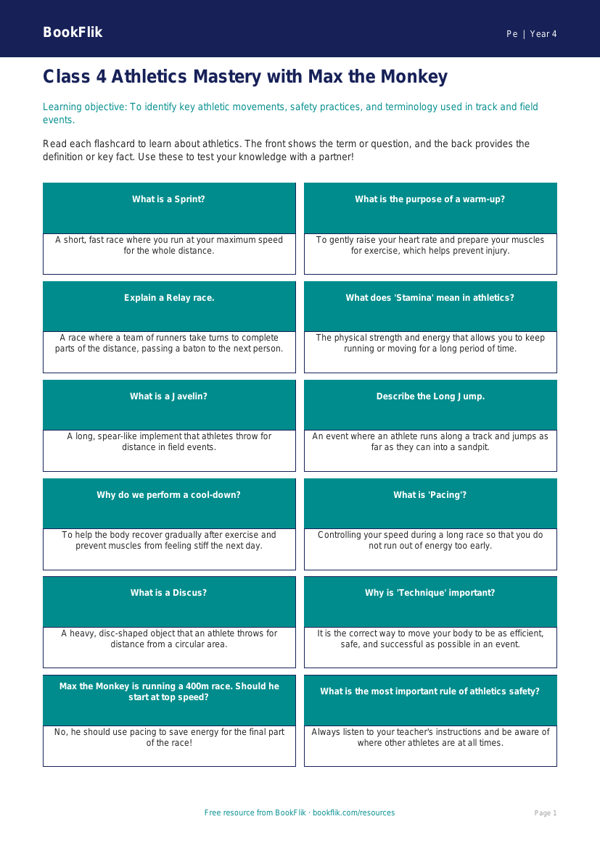 Free Athletics Flashcards for Class 4 | CBSE / NCERT | BookFlik worksheet preview — Pe Athletics