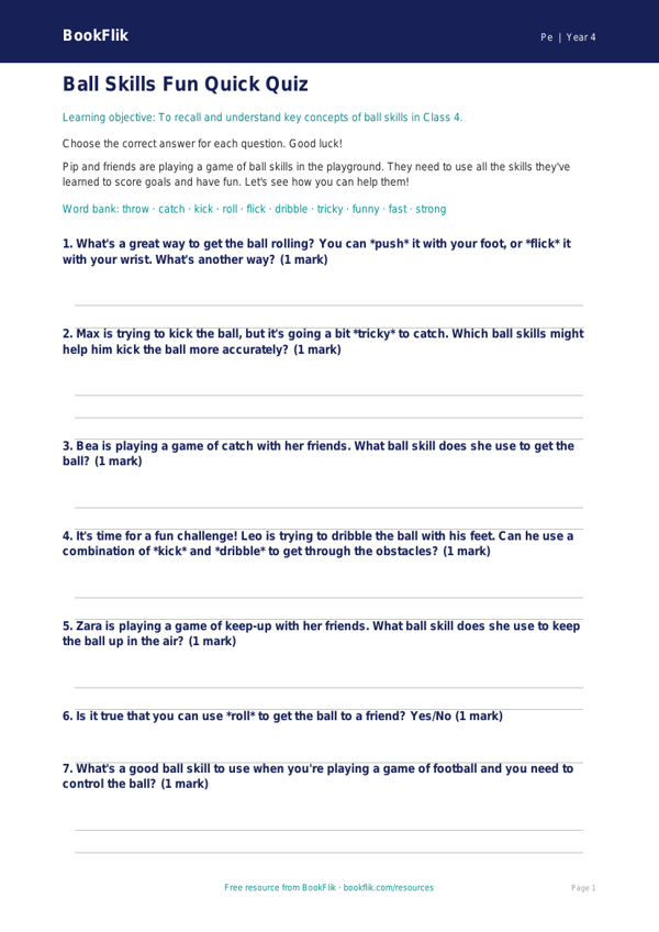 Free Ball Skills Quiz for Class 4 Students | BookFlik worksheet preview — Pe Ball Skills