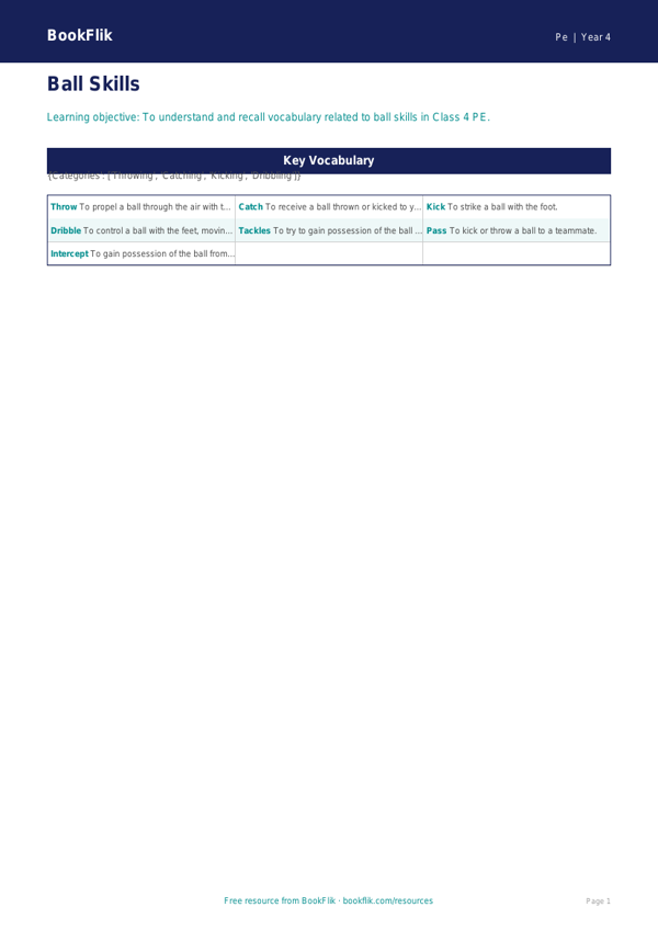 Free Ball Skills Word Mat for Class 4 Students | BookFlik worksheet preview — Pe Ball Skills