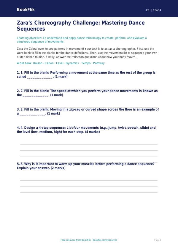 Free Dance Activity Sheet for Class 4 Students | BookFlik worksheet preview — Pe Dance