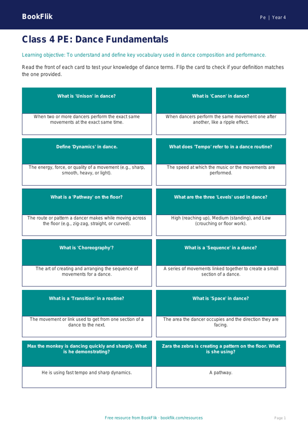 Free Dance Flashcards for Class 4 | CBSE / NCERT Pe | BookFlik worksheet preview — Pe Dance
