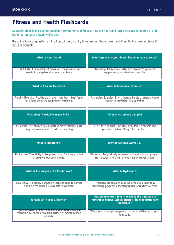 Free Fitness Flashcards for Class 4 Students | BookFlik worksheet preview — Pe Fitness