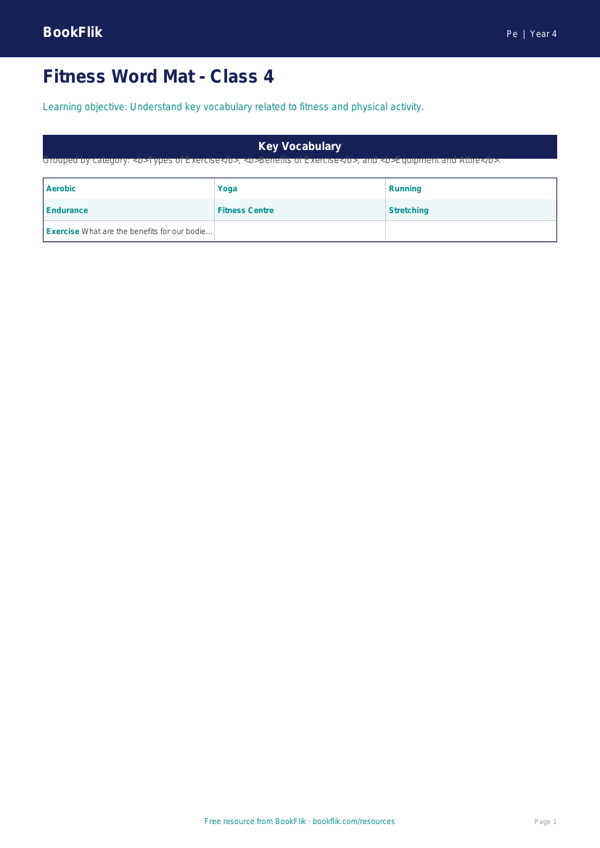 Free Fitness Word Mat for Class 4 | Physical Education | BookFlik worksheet preview — Pe Fitness