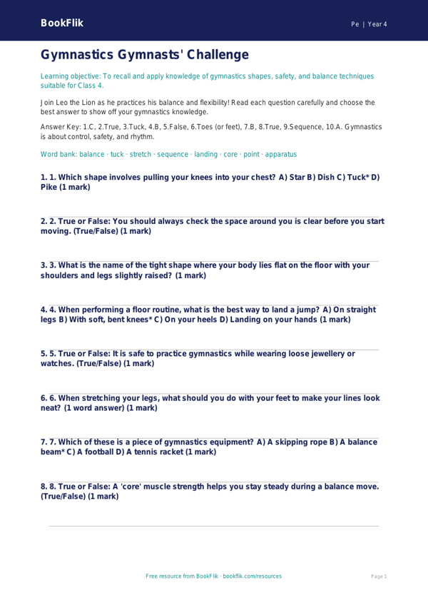 Free Gymnastics Quiz for Class 4 Students | BookFlik worksheet preview — Pe Gymnastics