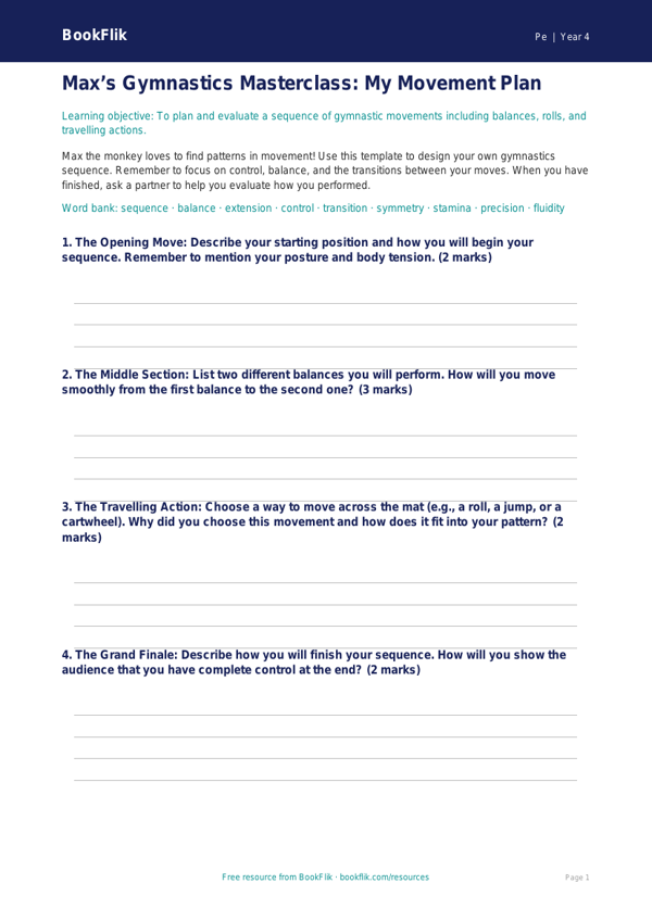Free Gymnastics Template for Class 4 Students | BookFlik worksheet preview — Pe Gymnastics