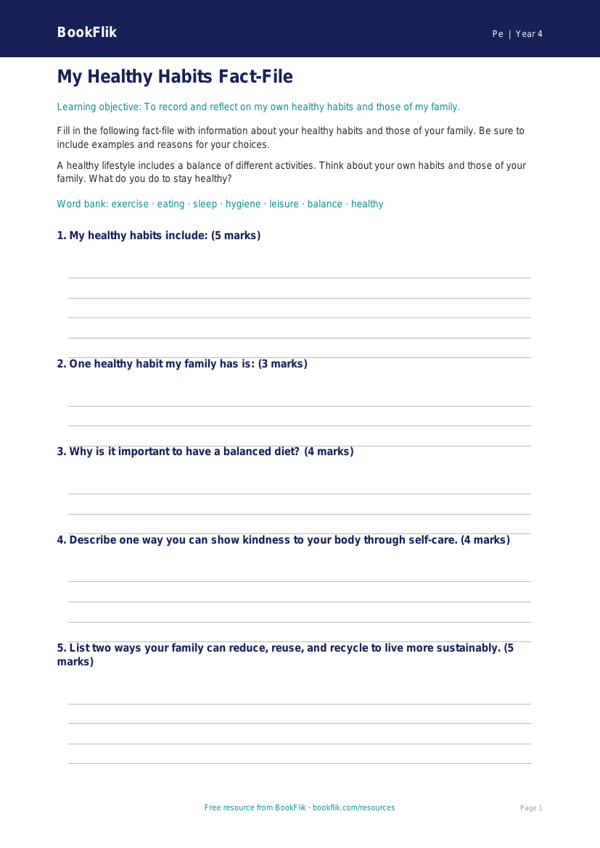 Free Health and Fitness Template for Class 4 Students | BookFlik worksheet preview — Pe Health And Fitness