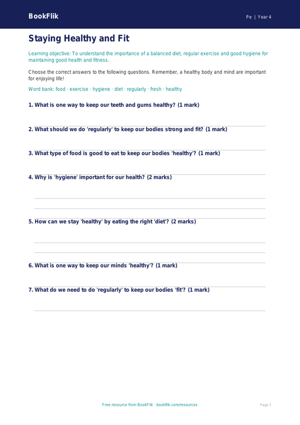 Free Physical Education Worksheet for Class 4 Students | BookFlik worksheet preview — Pe Health And Fitness