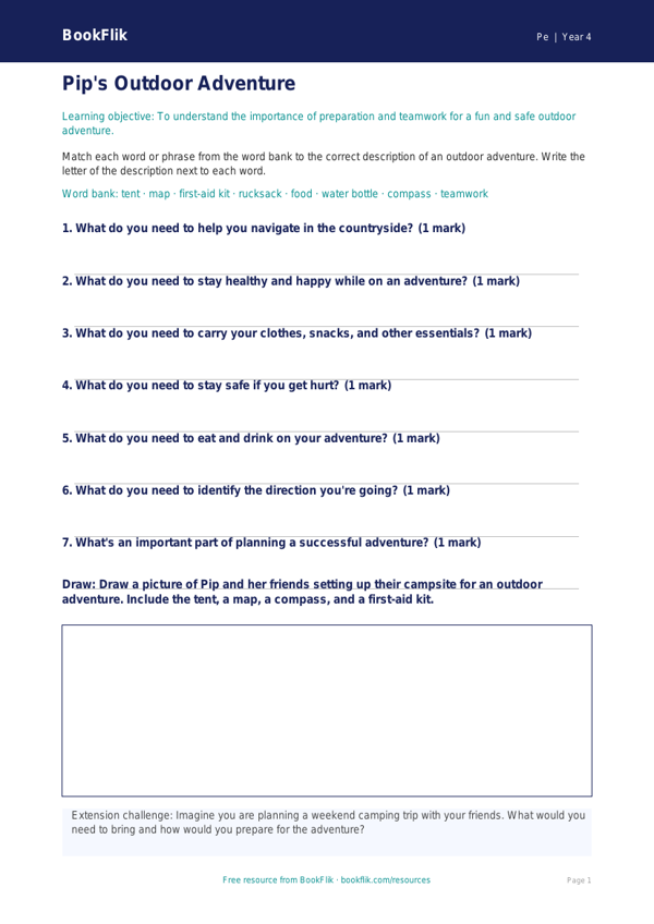 Free Outdoor Adventures Activity Sheet for Class 4 | BookFlik worksheet preview — Pe Outdoor Adventures