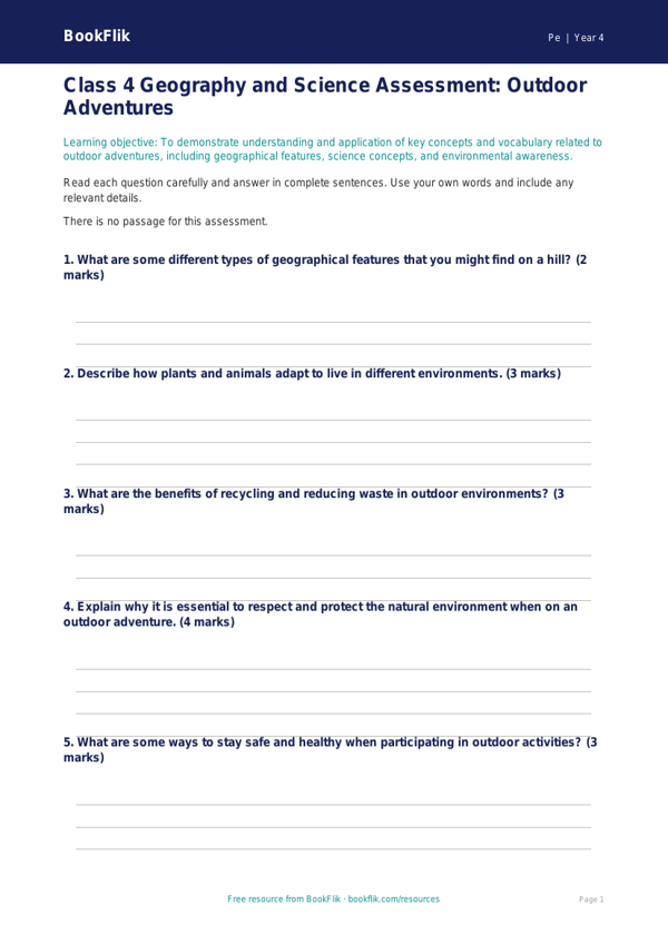 Free Outdoor Adventures Assessment for Class 4 | BookFlik worksheet preview — Pe Outdoor Adventures