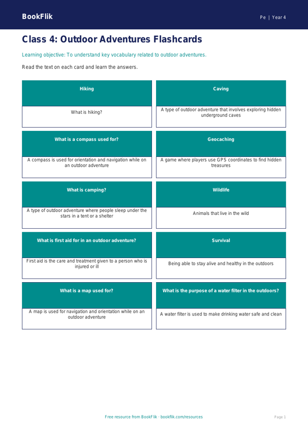 Free Outdoor Adventures Flashcards for Class 4 | CBSE | Pe | BookFlik worksheet preview — Pe Outdoor Adventures