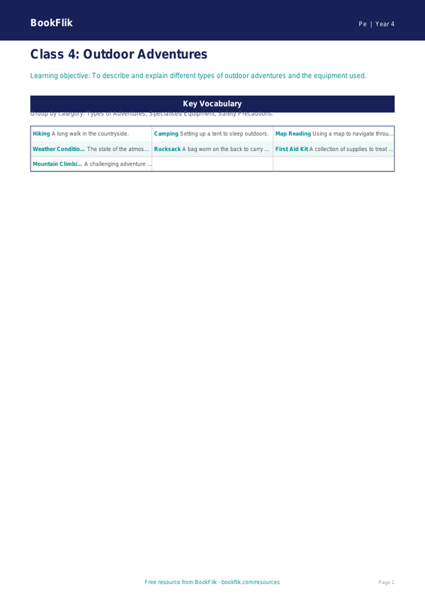 Free Outdoor Adventures Word Mat | Class 4 | CBSE | BookFlik worksheet preview — Pe Outdoor Adventures