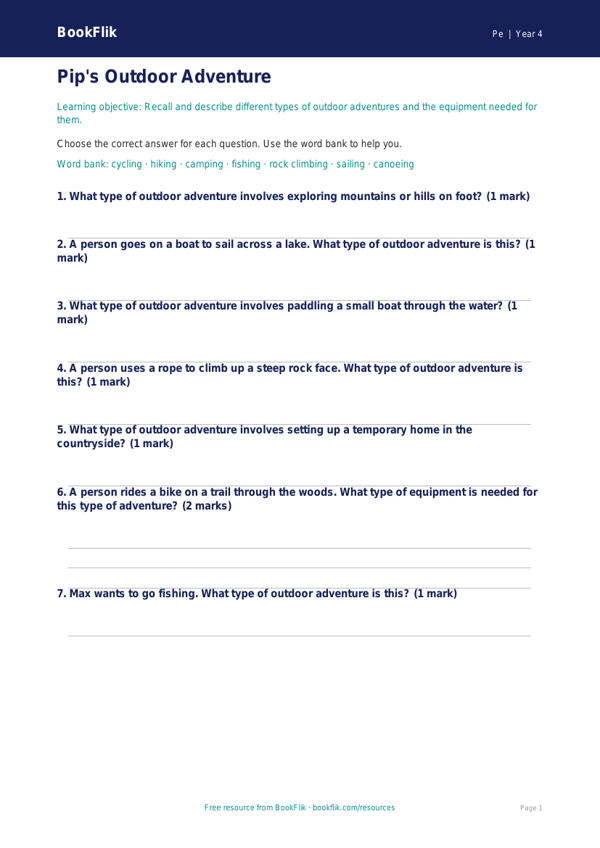 Free Outdoor Adventures Worksheet | Class 4 Physical Education | BookFlik worksheet preview — Pe Outdoor Adventures
