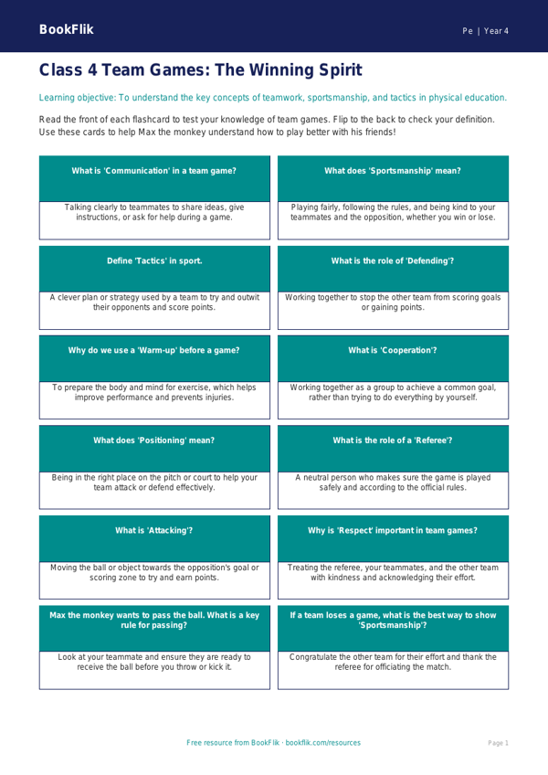 Free Team Games Flashcards for Class 4 | CBSE / NCERT | BookFlik worksheet preview — Pe Team Games