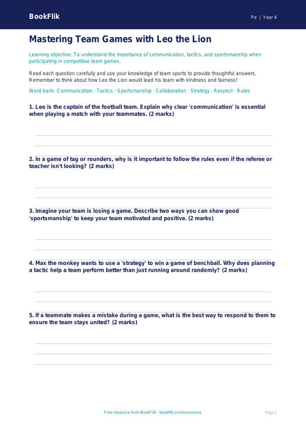 Free Team Games Worksheet for Class 4 | CBSE / NCERT | BookFlik worksheet preview — Pe Team Games